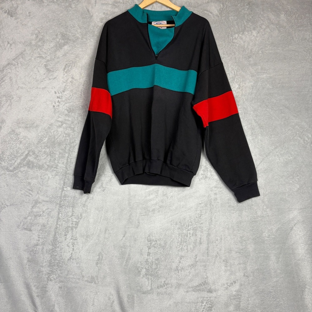 Vintage Campus Crew Canada Quarter Zip Sweatshirt Black Teal Red Colorblock L